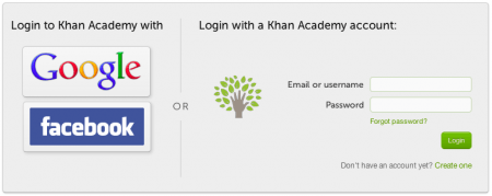 Khan Academy Login Screen - Login via Facebook, Google or Create Account