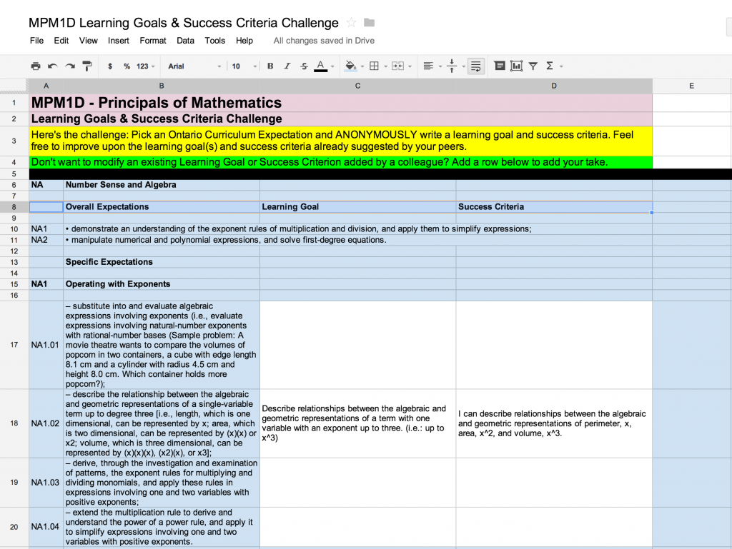 Creating Learning Goals and Success Criteria Collaboratively - MPM1D