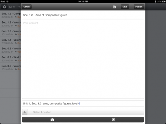 Screenshot of Adding a New Blog Post in Blogger iPad App