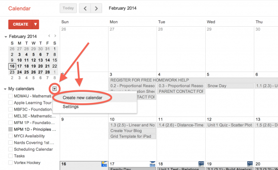 Click the My Calendars Pulldown Menu and Create New Calendar