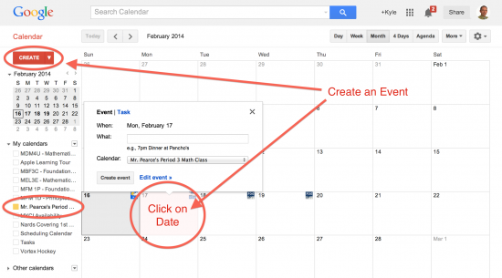 Create an Event By Selecting the Create Button or Selecting a Date