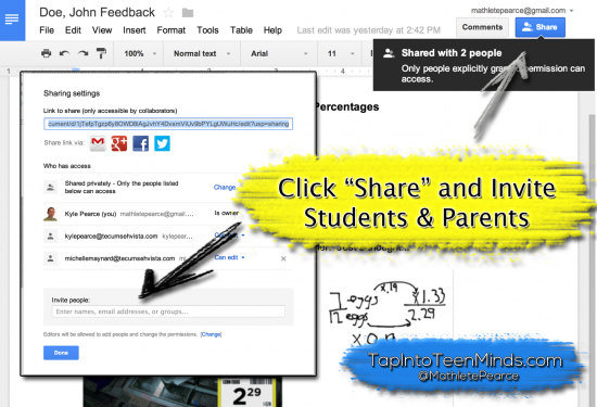 Google Drive Descriptive Feedback - Share and Invite Students and Parents
