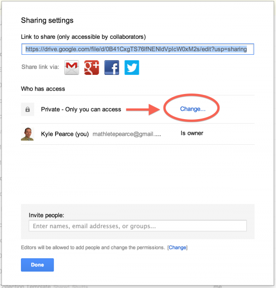Change Google Drive File Privacy Settings by Clicking Change