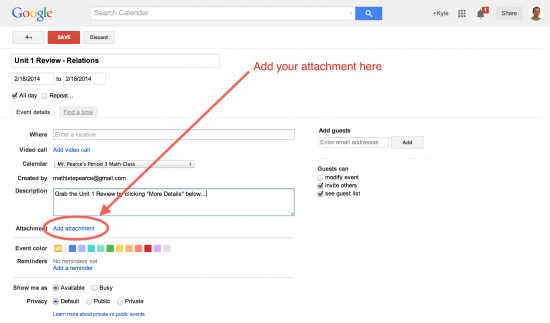 Click the Add Attachment Button in Google Calendar