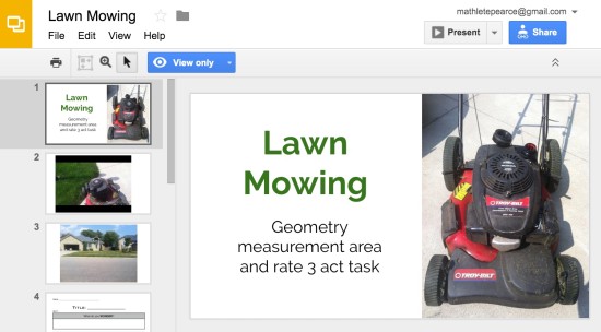 Mowing the Lawn 3 Act Math Google Slides Presentation