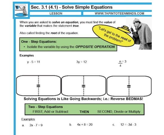 Solving Simple Equations Direct Instruction Note