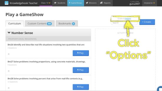 Knowledgehook EQAO Benchmark Tool - Click on the Options Button