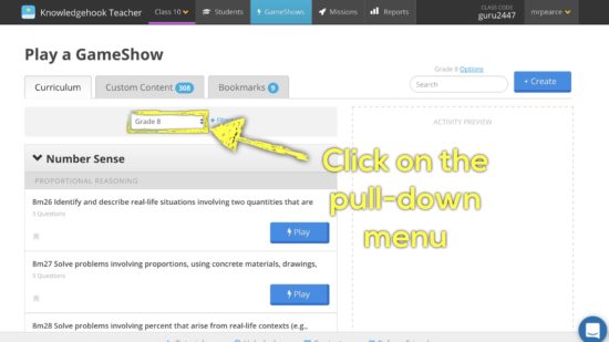 Knowledgehook EQAO Benchmark Tool - Click on the Course Pull Down
