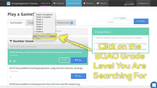 Knowledgehook EQAO Benchmark Tool - Click on Your EQAO Course