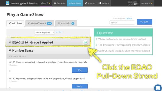 Knowledgehook EQAO Benchmark Tool - Click on the EQAO Strand Pull Down